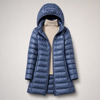 Lange Damen-Steppjacke mit Kapuze in Blau