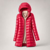 Lange Damen-Steppjacke mit Kapuze in Fuchsia