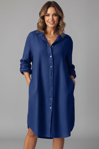 Leandra | Damen Hemdblusenkleid mit Langarm in Dunkelblau