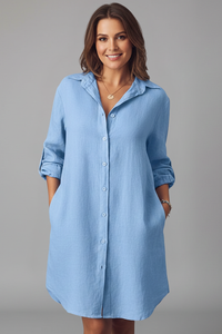 Leandra | Damen Hemdblusenkleid mit Langarm in Blau