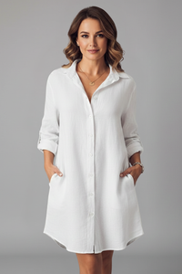 Leandra | Damen Hemdblusenkleid mit Langarm in Weiß