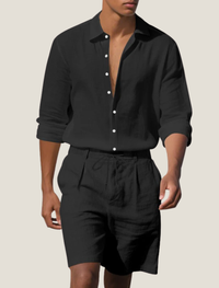 Leinen-Set für Herren: Hemd und Shorts in Schwarz