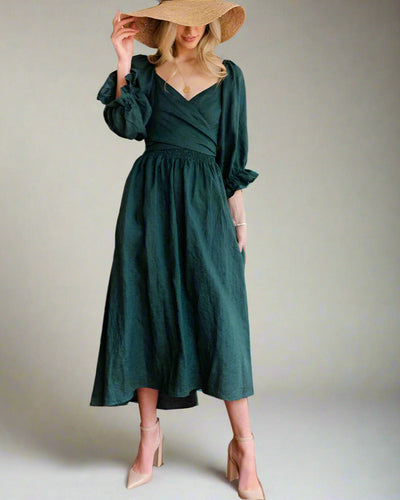 Damen Midikleid für den Sommer mit langen Ärmeln und V-Ausschnitt