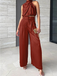 Leona | Damen Zweiteiler Neckholder Crop Top Weite Hose in Rot