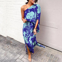 Leonie | Damen One-Shoulder Blumenprint Maxikleid in Blau