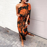 Leonie | Damen One-Shoulder Blumenprint Maxikleid in Orange