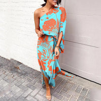 Leonie | Damen One-Shoulder Blumenprint Maxikleid in Türkis