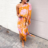 Leonie | Damen One-Shoulder Blumenprint Maxikleid in Dunkelrosa