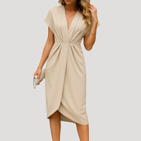 Leonie | Damen Wickelkleid Midi V-Ausschnitt in Beige