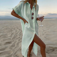 Leontine | Damen Hemdblusenkleid Knopfleiste Midi Strandkleid in Hellgrün