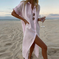 Leontine | Damen Hemdblusenkleid Knopfleiste Midi Strandkleid in Rosa