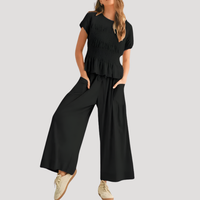 Lillian | Damen Kurzarm Zweiteiler Set Weite Hose in Schwarz