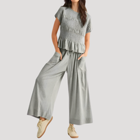 Lillian | Damen Kurzarm Zweiteiler Set Weite Hose in Grau