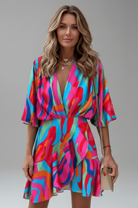 Linnea | Damen Wickel Mini Kleid mit Taillengürtel in Mehrfarbig