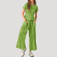 Lirette | Damen Zweiteiler Peplum Top Weite Hose Set in Grün