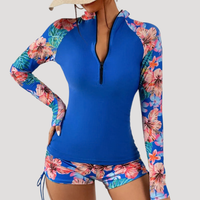 Lysandra | Damen Langarm Blumen Badeanzug Set in Blau