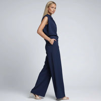 Émilie | Damen Set Jumpsuit Kurzarm Hoher Kragen Weit Modern Sommer in Blau
