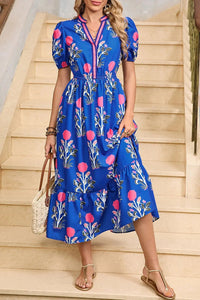 Tessa | Boho Midi-Kleid mit Volant und Puffärmeln in Himmelblau