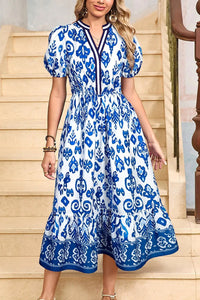 Tessa | Boho Midi-Kleid mit Volant und Puffärmeln in Blau