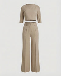 Maiken | Damen Zweiteiler Crop Top Weite Hose Set in Khaki