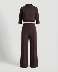 Maiken | Damen Zweiteiler Crop Top Weite Hose Set in Braun