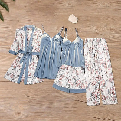 Sandy - Fünfteiliges Nachtwäsche-Set aus Satin und Seide mit Blumenmuster für Frauen