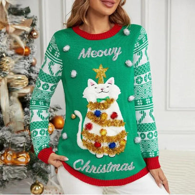 Jennifer - Weihnachtspullover mit Cartoon-Katzenmotiv