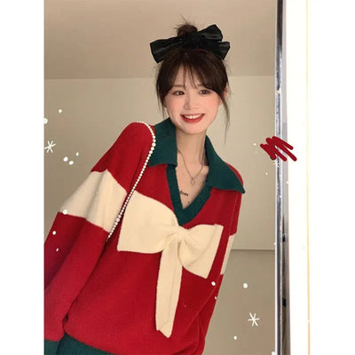 Christel - Warmer Strickpullover mit V-Ausschnitt und Schleife für Frauen