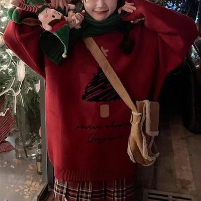 Vannis - Übergroßer Strickpullover mit Weihnachtsbaumaufdruck für Frauen