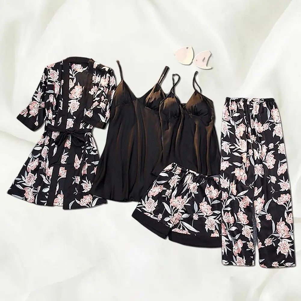 Sandy - Fünfteiliges Nachtwäsche-Set aus Satin und Seide mit Blumenmuster für Frauen
