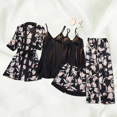 Sandy - Fünfteiliges Nachtwäsche-Set aus Satin und Seide mit Blumenmuster für Frauen
