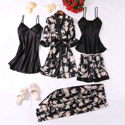 Sandy - Fünfteiliges Nachtwäsche-Set aus Satin und Seide mit Blumenmuster für Frauen
