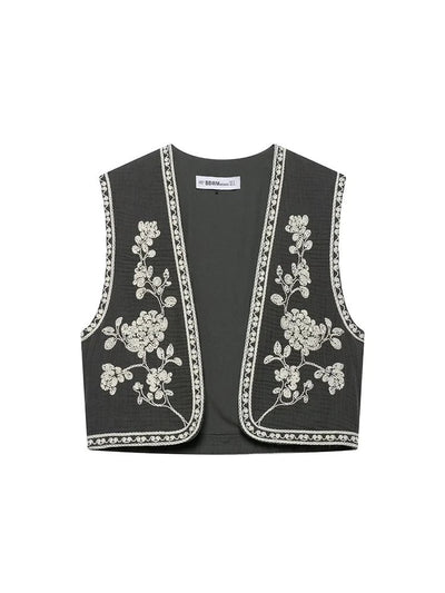 Retro Cropped Cardigan Weste mit Kontraststickerei