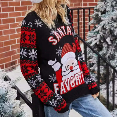 Jennifer - Warmer Strickpullover mit Weihnachtlicher Schneeflocken und Weihnachtsmann-Stickerei für Frauen