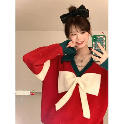Christel - Warmer Strickpullover mit V-Ausschnitt und Schleife für Frauen