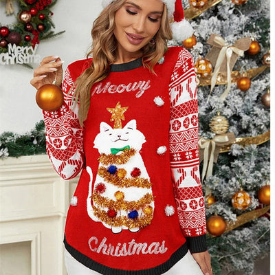 Jennifer - Weihnachtspullover mit Cartoon-Katzenmotiv