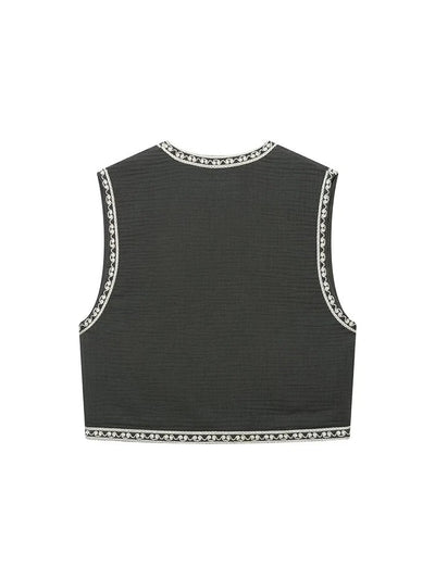 Retro Cropped Cardigan Weste mit Kontraststickerei