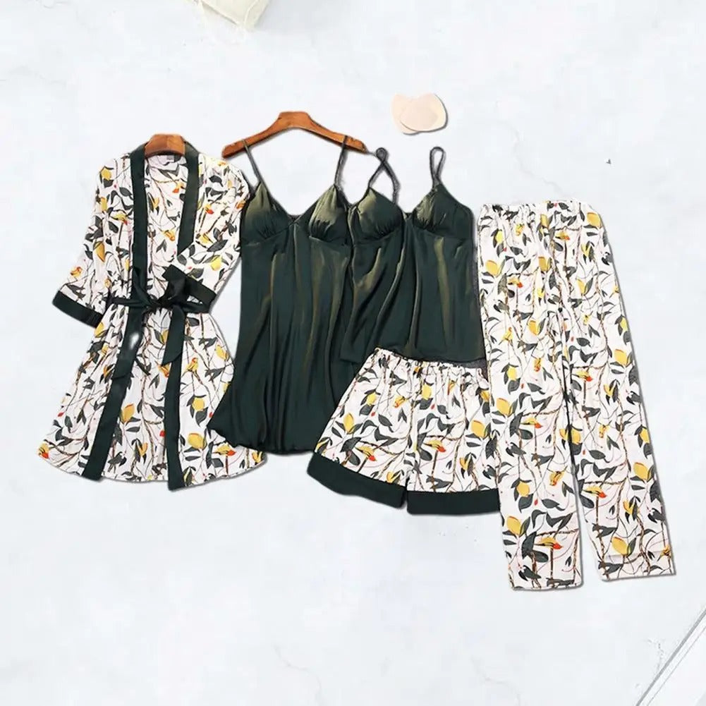 Sandy - Fünfteiliges Nachtwäsche-Set aus Satin und Seide mit Blumenmuster für Frauen
