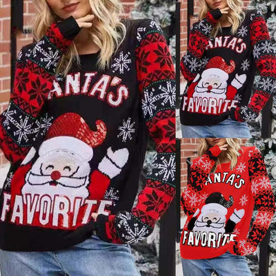 Jennifer - Warmer Strickpullover mit Weihnachtlicher Schneeflocken und Weihnachtsmann-Stickerei für Frauen