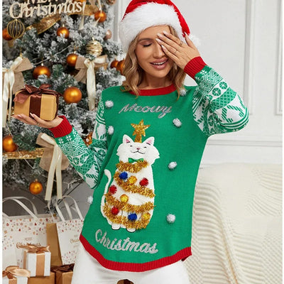 Jennifer - Weihnachtspullover mit Cartoon-Katzenmotiv