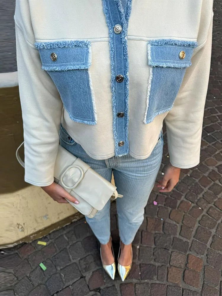 Frauen Mantel Denim Patchwork Jacke