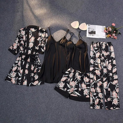 Sandy - Fünfteiliges Nachtwäsche-Set aus Satin und Seide mit Blumenmuster für Frauen