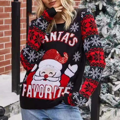 Jennifer - Warmer Strickpullover mit Weihnachtlicher Schneeflocken und Weihnachtsmann-Stickerei für Frauen