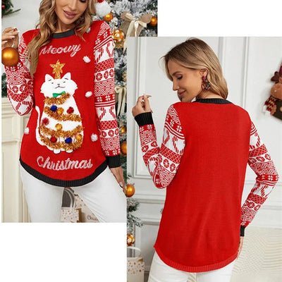 Jennifer - Weihnachtspullover mit Cartoon-Katzenmotiv