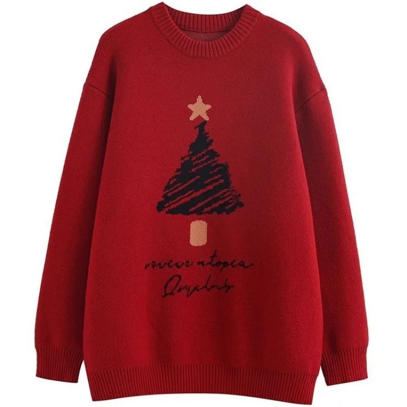 Vannis - Übergroßer Strickpullover mit Weihnachtsbaumaufdruck für Frauen