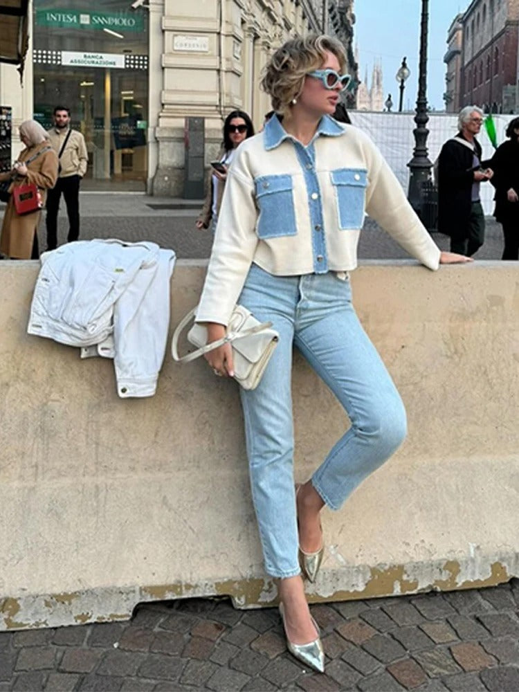 Frauen Mantel Denim Patchwork Jacke