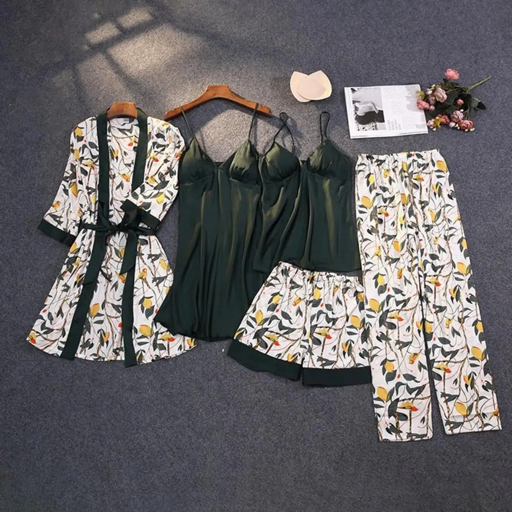 Sandy - Fünfteiliges Nachtwäsche-Set aus Satin und Seide mit Blumenmuster für Frauen