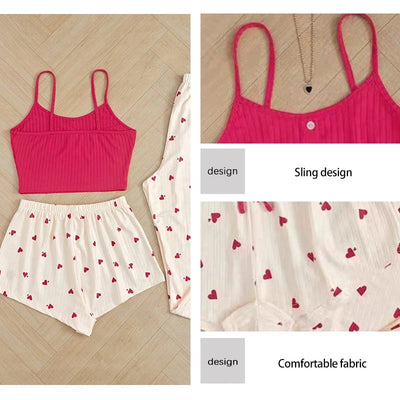Lina - Dreiteiliges Nachtwäsche-Set mit Herzchen-Aufdruck für Frauen