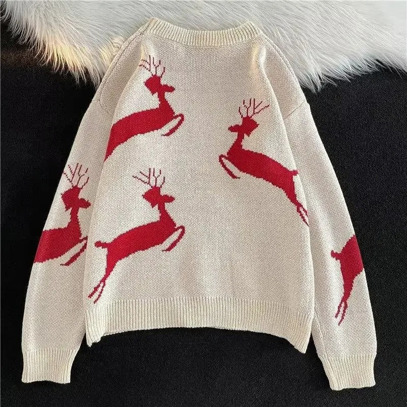 Ulla - Warmer Strickpullover mit Weihnachtshirsch-Print für Frauen