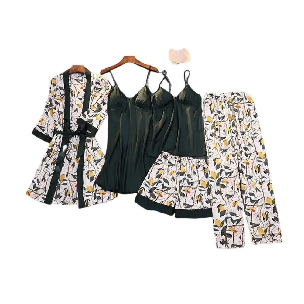 Sandy - Fünfteiliges Nachtwäsche-Set aus Satin und Seide mit Blumenmuster für Frauen